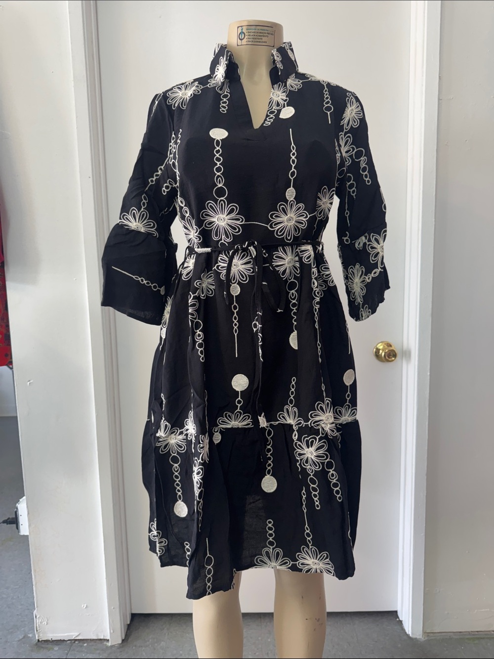 Black Floral-Chain Embroidered Midi Dress with Tie Waist